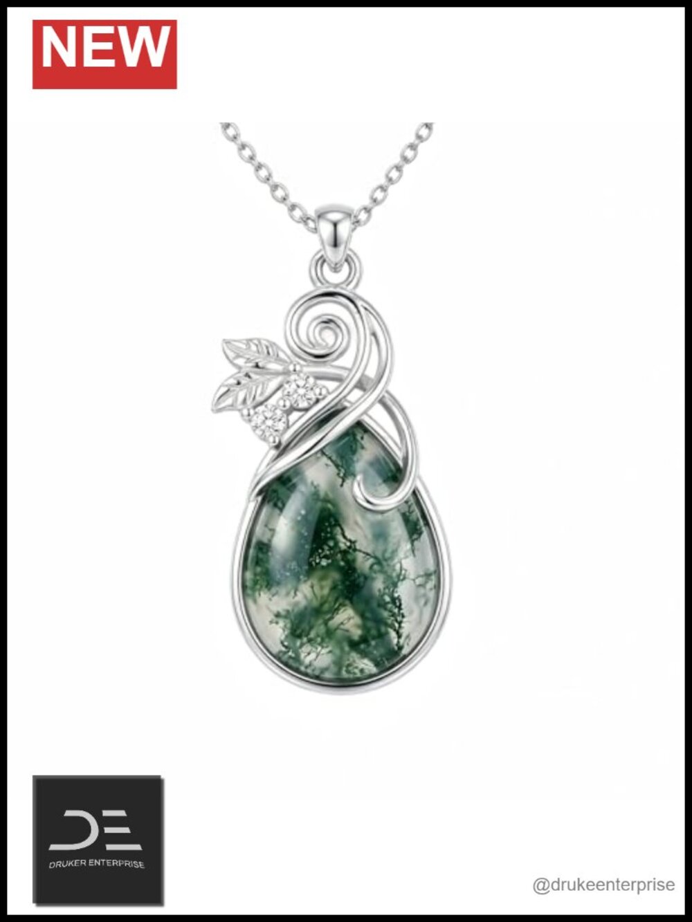 Pear Cut Moss Agate & Diamond 925 Sterling Silver Pendant Necklace